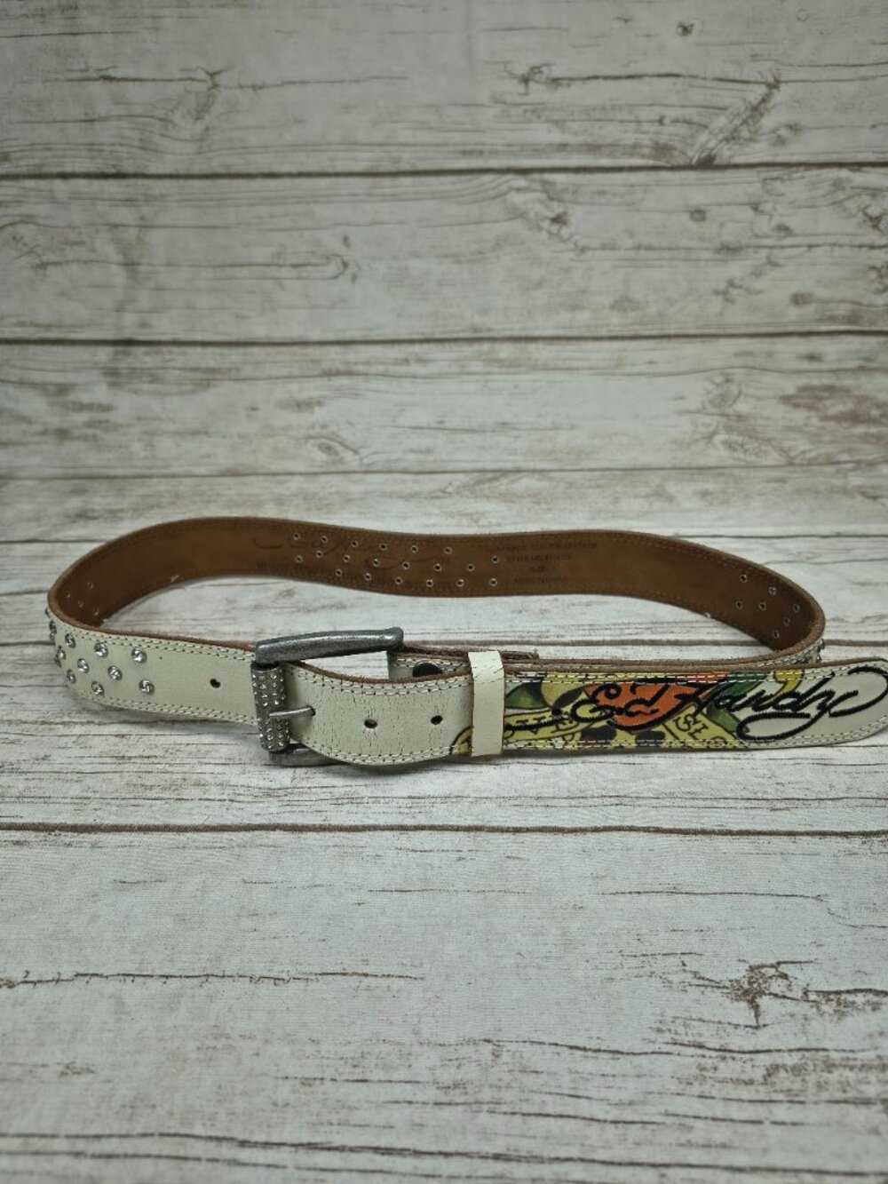 Ed Hardy Y2K Rhinestone White Belt Size Large